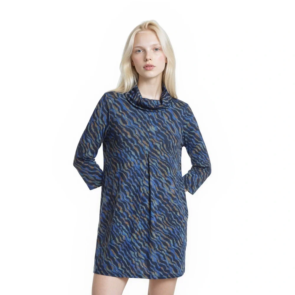Tyler Boe Dress Women's Size‎ Medium Blue Abstract Cowl Neck Shift Faux Suede